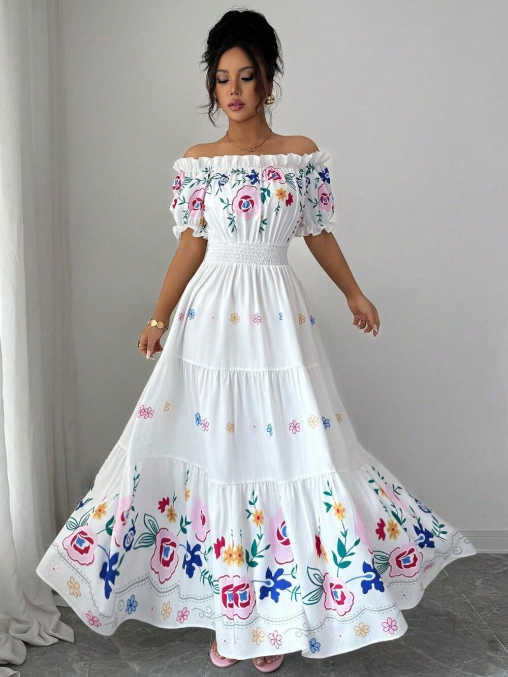 Multicolor Boho Women's off-Shoulder Puff Sleeve Floral Print Maxi Dress - Picture 7 of 7